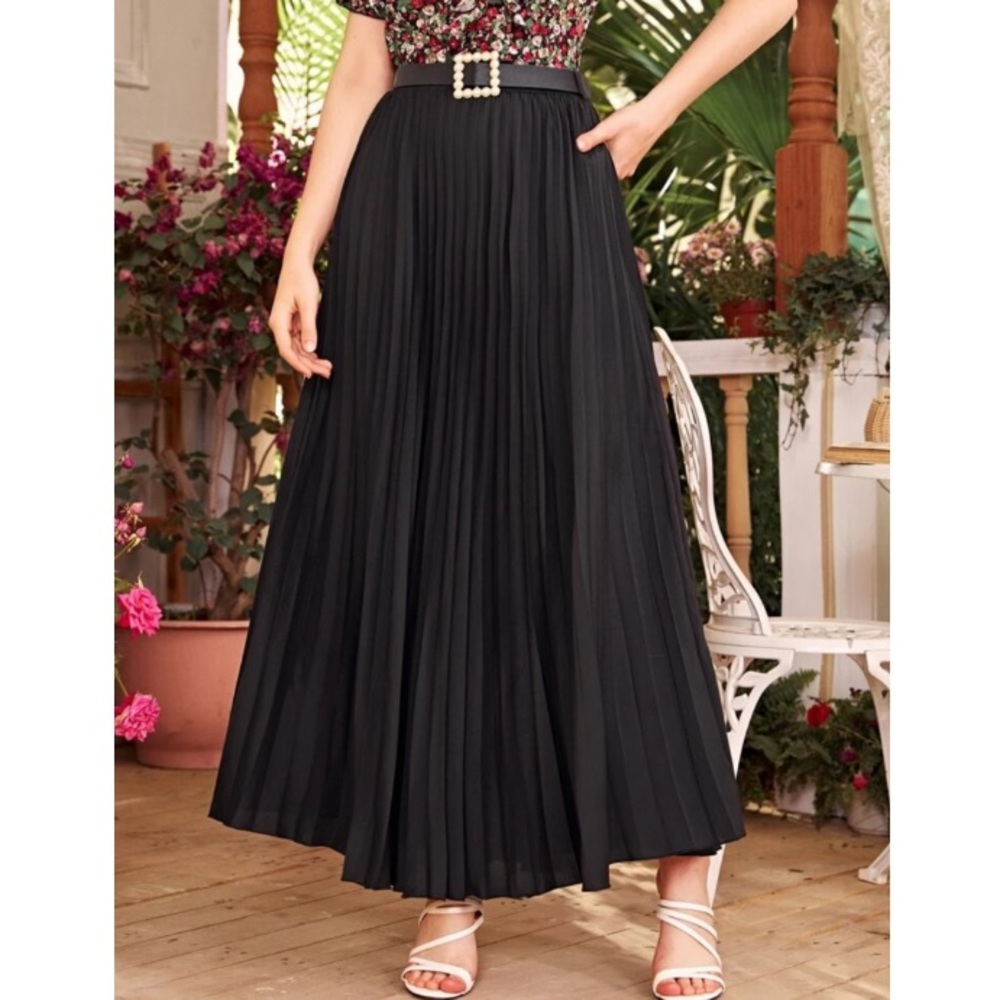 Black pleated belted maxi skirt